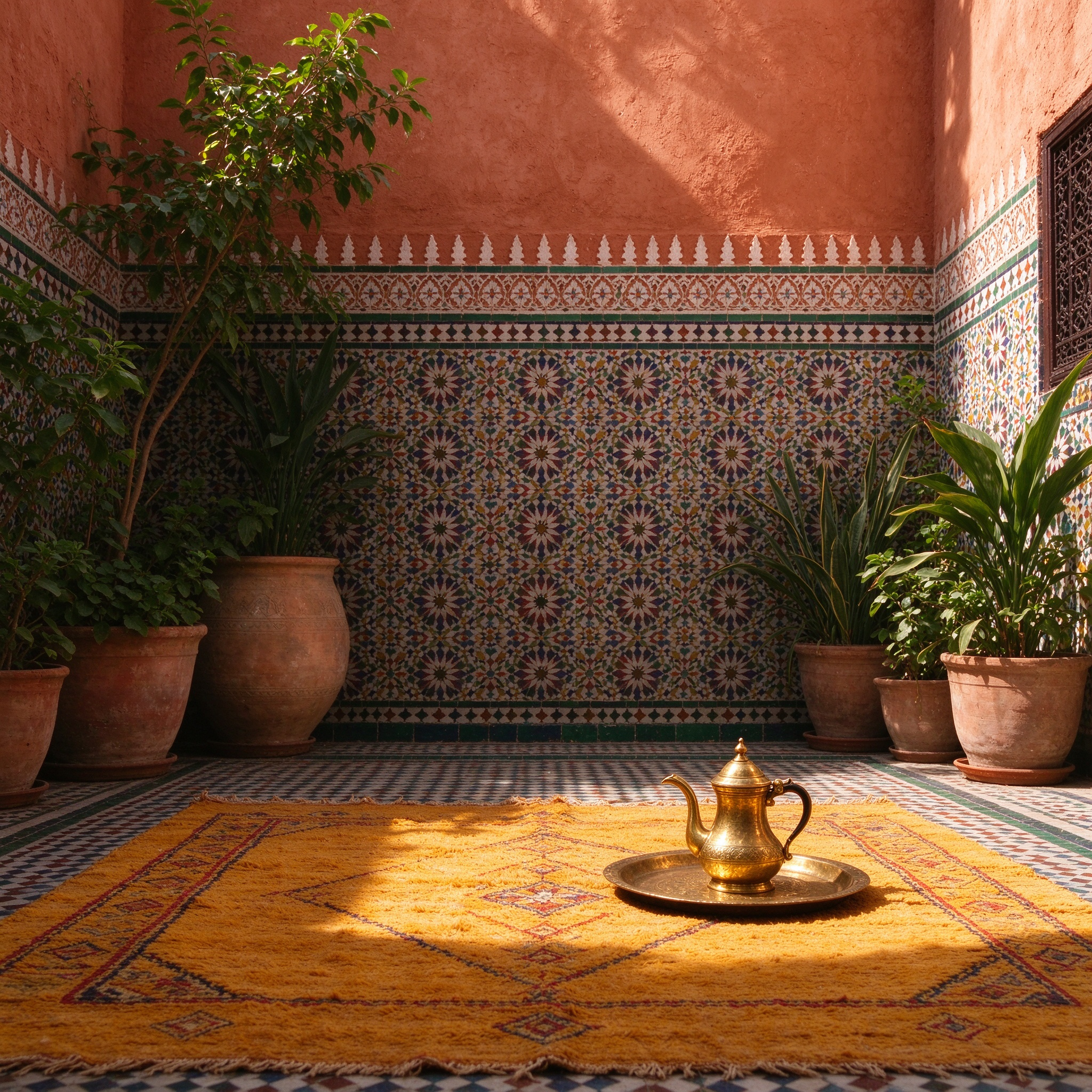 Moroccan courtyard with saffron rug